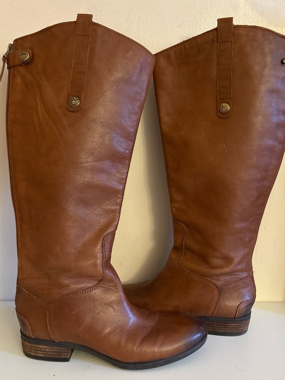 Sam Edelman Penny Leather Tall Back Zip Block Heel Riding Boots Whiskey 7.5 used